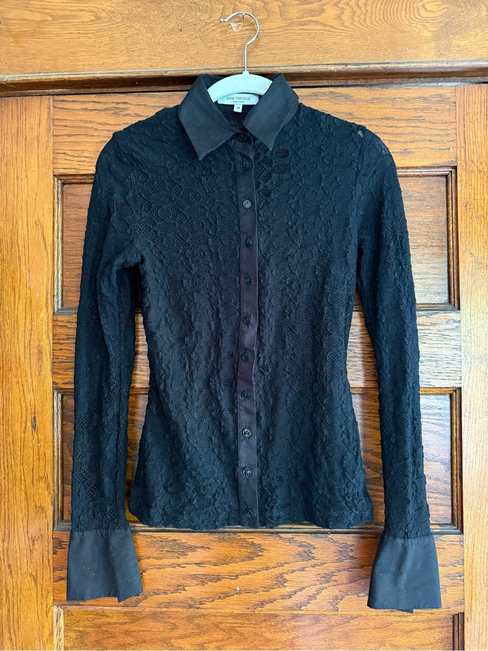 ANNE FONTAINE Y2K Sheer Stretch Lace Long Sleeve Button Down Shirt Blouse Fitted